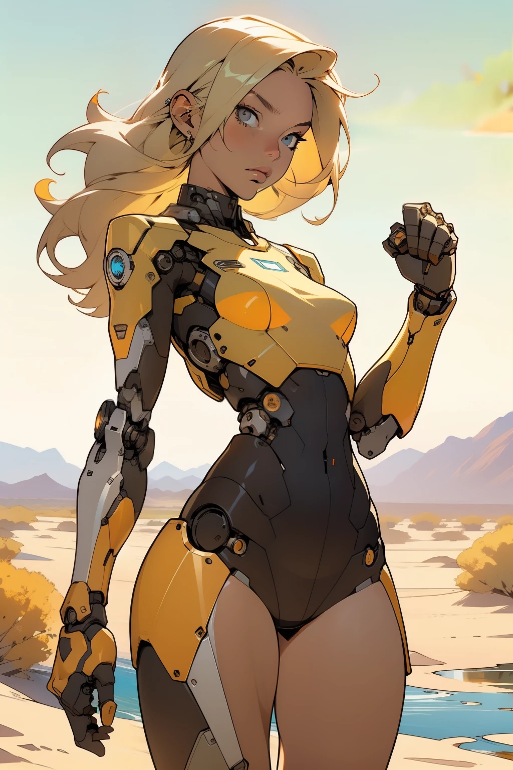 high quality, 4k, masterpiece, beautiful, cyborg girl, cowboy shot, dull eyes, front, looking at viewer, long blonde hair, girl, small breasts, fit thighs, robotic arms, robotic body, cyborg body, white & yellow uniform, orange accent, intricate detail, joint, detailed lines, robotic detail, holding fist up, holding hand up as fist, color robotic parts, robotic parts with color, perfect fingers, on a desert planet, sunny background, colorful desert, a river or a lake in the background, slender thighs, skinny thighs, thin thighs