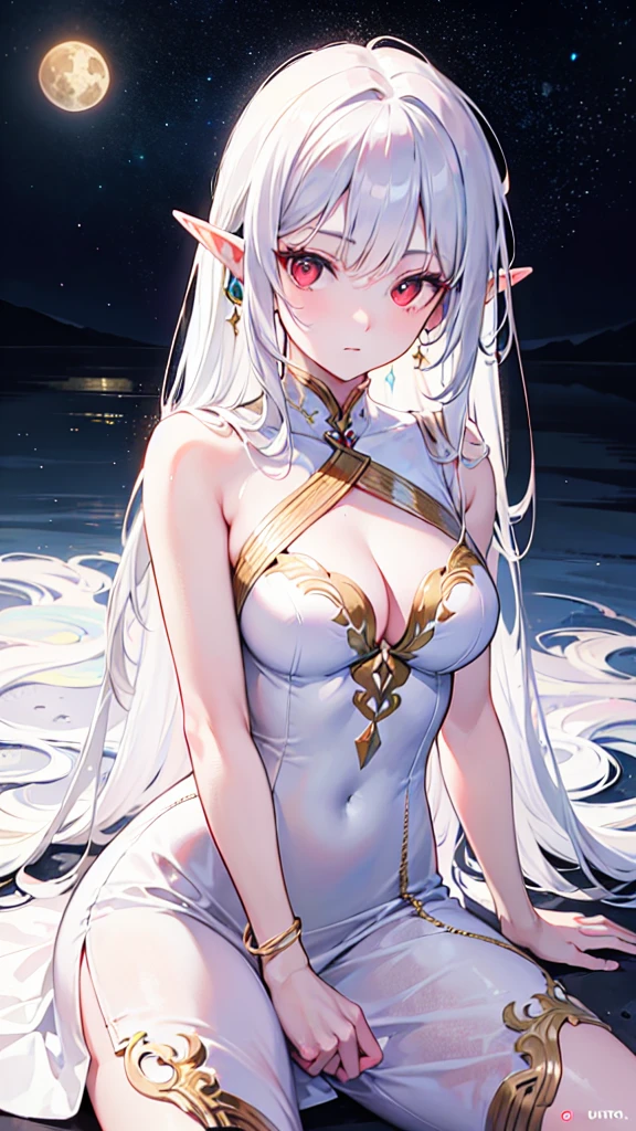 RAW, professional photograph, medium shot, photorealistic, hyper-realistic, ray tracing, super detail, UHD, 8k, female elf, goddess elf, twenty years old, athletic body, soft facial features, long hair, straight hair, white hair, red eyes, white dress, mage clothes, golden jewelry, sitting on the moon