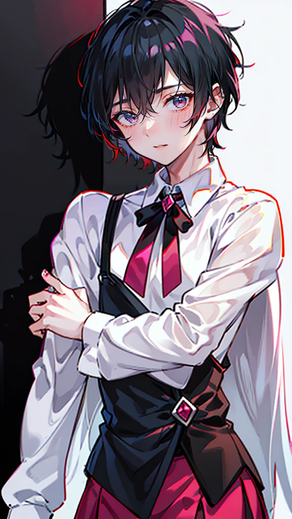 ((best quality)), ((masterpiece)), (detailed), (1man, perfect male body, handsome male), solo, messy black hair with hot pink and darker black streaks in it, pale white skin, cherry red shiny lips, silver piercing on bottom lip, hot pink colored lollipop in mouth, hot pink colored eyes, white crop with black tie,  black collar on neck, black and hot pink shoulder drop jacket, piercings in ear, sexy position, slight frown, 