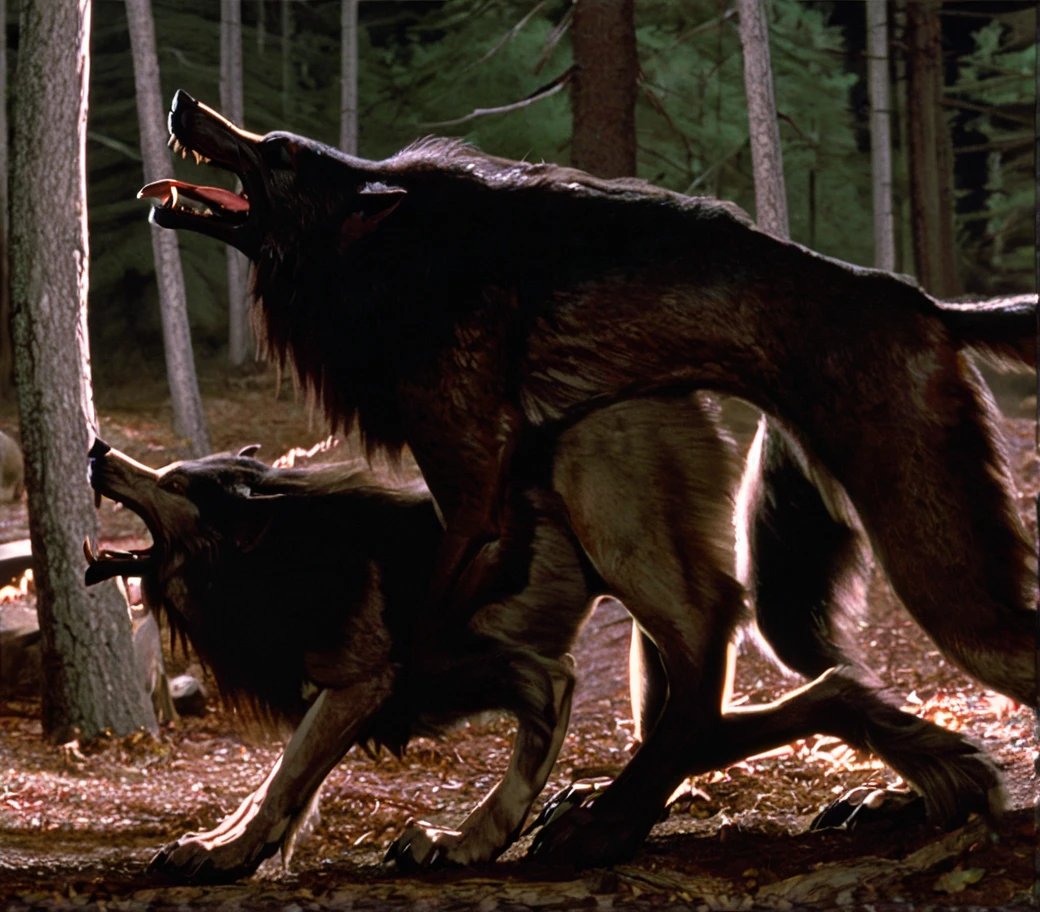 The howling film, duo, movie screenshot, transforming werewolves mating, side view, from behind, doggystyle,