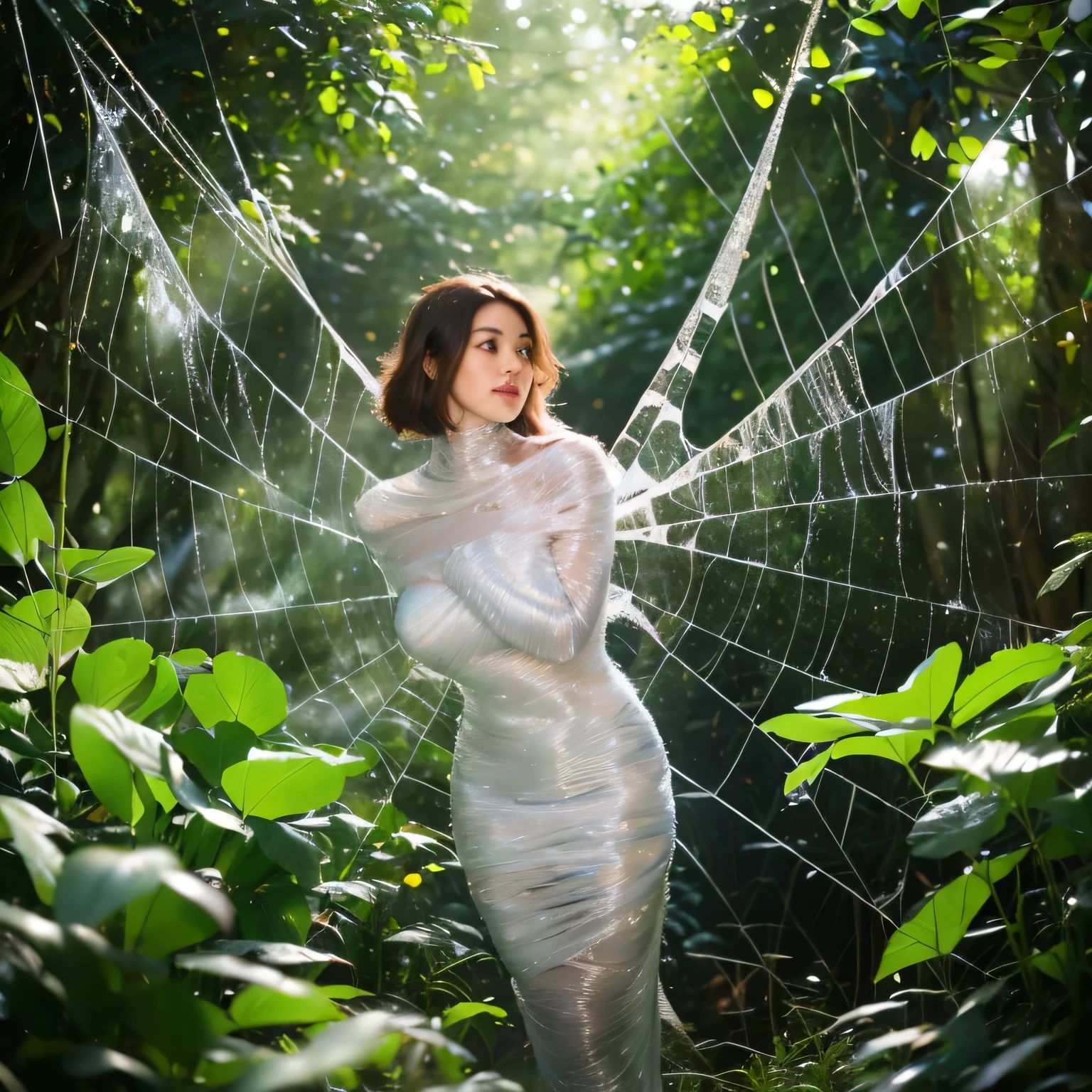 (a) fairy, beautiful,detailed wings, detailed dress, detailed face, (highres:1.2), (realistic:1.37)
medium: oil painting,spider web
(a) girl, trapped, hanging, (best quality, 8k, highres:1.2), (realistic, photo-realistic: 1.37)
spider web, dense, delicate, intricate
(garden) plants, flowers, vibrant colors
(light) soft, ethereal, sunlight filtering through the trees
(d) cobweb, sticky strands, shimmering
(cocoon) silk, translucent, wrapped tightly