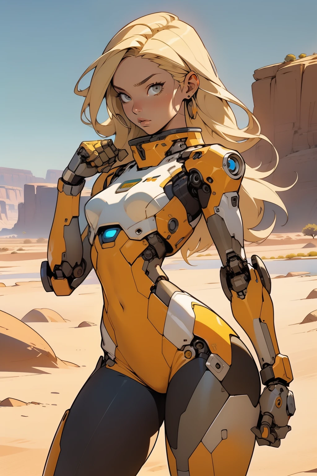 high quality, 4k, masterpiece, beautiful, cyborg girl, cowboy shot, dull eyes, front, looking at viewer, long blonde hair, girl, small breasts, fit thighs, robotic arms, robotic body, cyborg body, white & yellow uniform, orange accent, intricate detail, joint, detailed lines, robotic detail, holding fist up, holding hand up as fist, color robotic parts, robotic parts with color, perfect fingers, on a desert planet, sunny background, colorful desert, a river or a lake in the background, slender thighs, skinny thighs, thin thighs