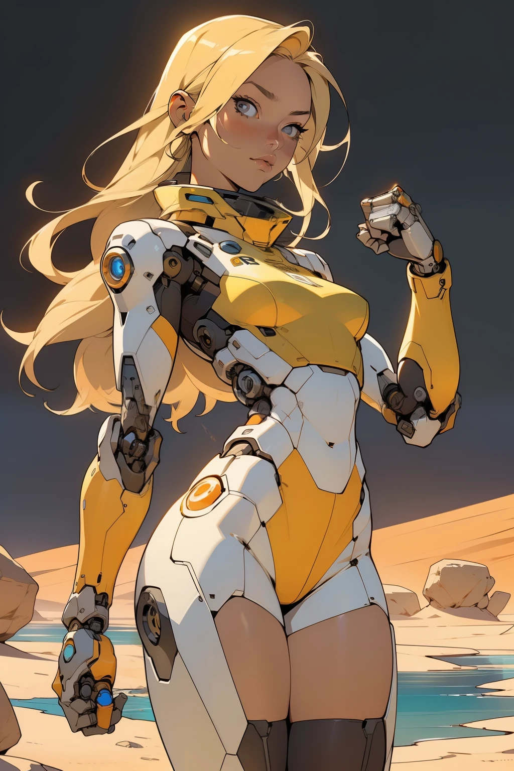 high quality, 4k, masterpiece, beautiful, cyborg girl, cowboy shot, dull eyes, front, looking at viewer, long blonde hair, girl, small breasts, fit thighs, robotic arms, robotic body, cyborg body, white & yellow uniform, orange accent, intricate detail, joint, detailed lines, robotic detail, holding fist up, holding hand up as fist, color robotic parts, robotic parts with color, perfect fingers, on a desert planet, sunny background, colorful desert, a river or a lake in the background, slender thighs, skinny thighs, thin thighs