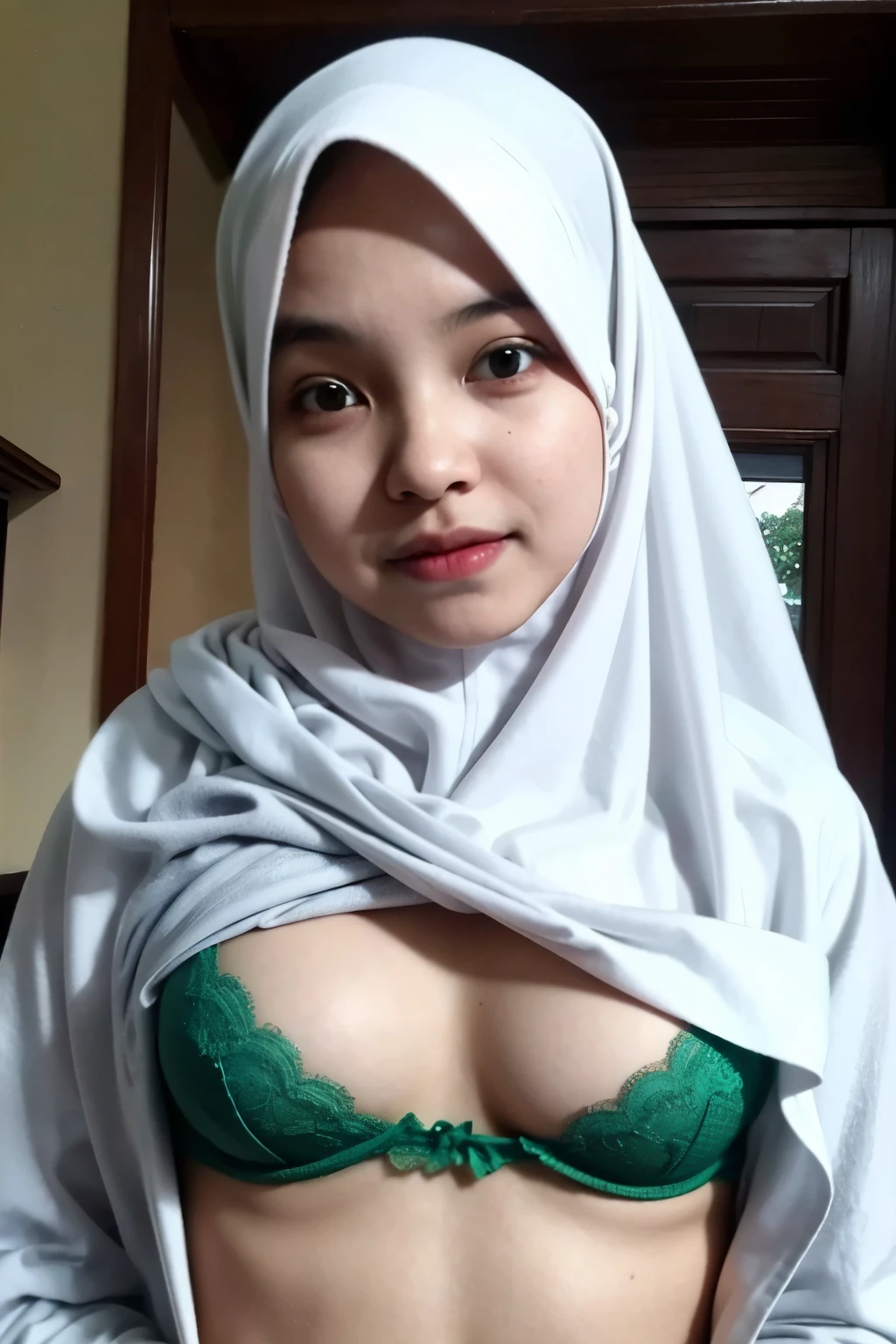 (Wearing Strapless Bra), (((HIJAB MALAY GIRL))), masutepiece, High quality, UHD 32K, Realistic face, Realistic skin feeling , A Malay Lady, 48 years old, , Very cute and baby-like face, (((FLAT CHEST))), (MATRIX WORLD), ((look In front at the camera and SADNESS)), (((CUTE GIRL))), ((WHITE LIPS)), ((GREEN FLUORESCENT)), (undress). WEAR BRA LINGERIE, GREEN, lace, ((heavy breasts)), ((Saggy Boobs)),