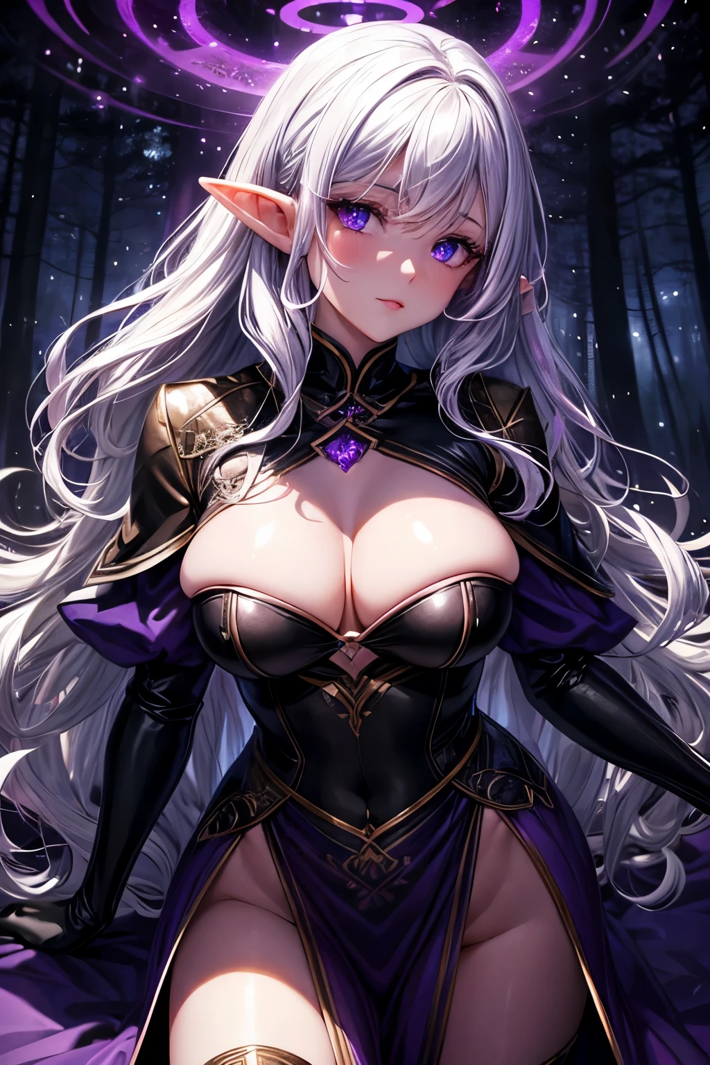 best quality, extremely beautiful, beautiful face, beautiful purple eyes, elf woman, shiny skin, long wavy white air, in a dark forest at night, purple glowing symbol in the sky, wearing a large purple open coat, nsfw