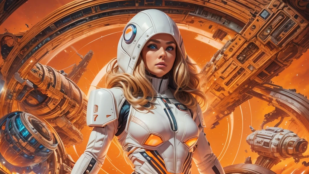 arafed image of a white woman in a futuristic suit with a spaceship in the background, movie art, in front of an orange background, inspired by Robert McGinnis, female protagonist, megastructure in the background, portrait of an ai astronaut, astronauts, an astronaut, portrait of a astronaut skeletor, perfect android girl, detailed eyes, perfectly detailed teeth, frank franzzeta and sakimichan  