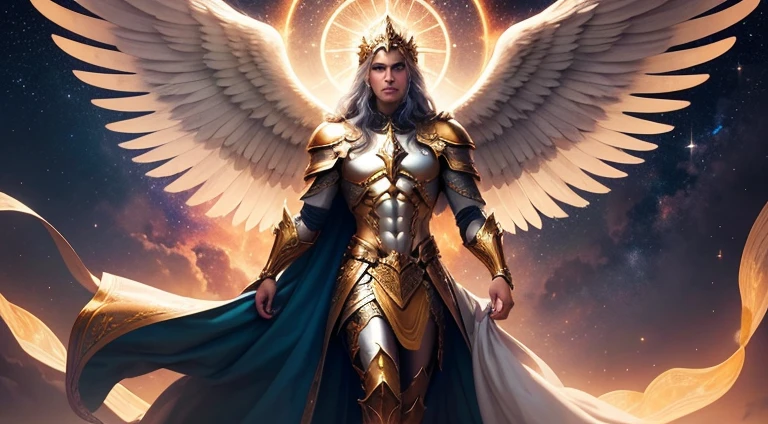 Un apuesto personaje masculino de mediana edad, Archangel Uriel, imagen celestial, detalles intrincados, realista, asas ROSAS e grandes, fondo angelical, Imagen ilustrativa católica dArchangel Uriel, Personaje masculino de la Biblia., Uriel lleva su armadura angelical dorada, cosmic background, Illumination on the Archangel and in the background., angel full body image, Maximum detail and his angelic face and wings., piel perfecta realista, Maximum image quality, Uriel se destaca en la imagen con colores fuertes y llamativos dorados y naranjas, grandes alas, cara sin defectos, sin imperfecciones
