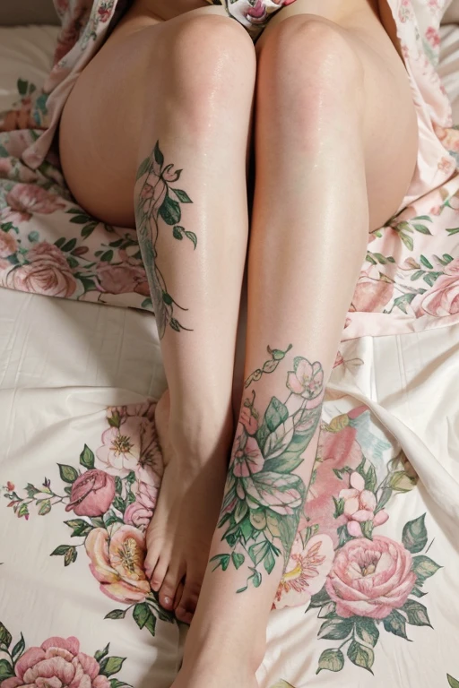a woman sitting on top of a bed covered in white sheets, a photorealistic painting, by Android Jones, tumblr, hyperrealism, floral tattoos, close-up on legs, many peonies, photograph of a sleeve tattoo, 🌺 cgsociety, with soft pink colors, beautiful and graceful, floral patterned skin, draped in fleshy green and pink, tatto