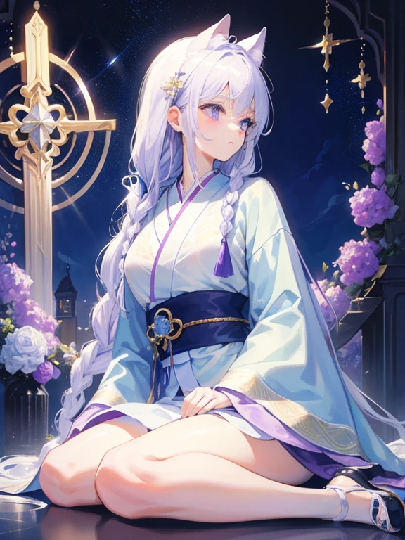 masterpiece, highest quality, 8k resolution, Sharp focus, Intricate details,Full body angle, Beauty, Sparkling eyes,Light purple eyes,Golden ratio face,  watercolor, Whimsical, Sharp focus, High resolution, The finer details, ((Long sleeve)), Light blue kimono,Glossy white hair,braided hair,Cat Ears,Starry,Sitting,Shoot from above,Take away,Cool look,Calm,Above the Clouds,bright night sky,church,wedding style,profile
