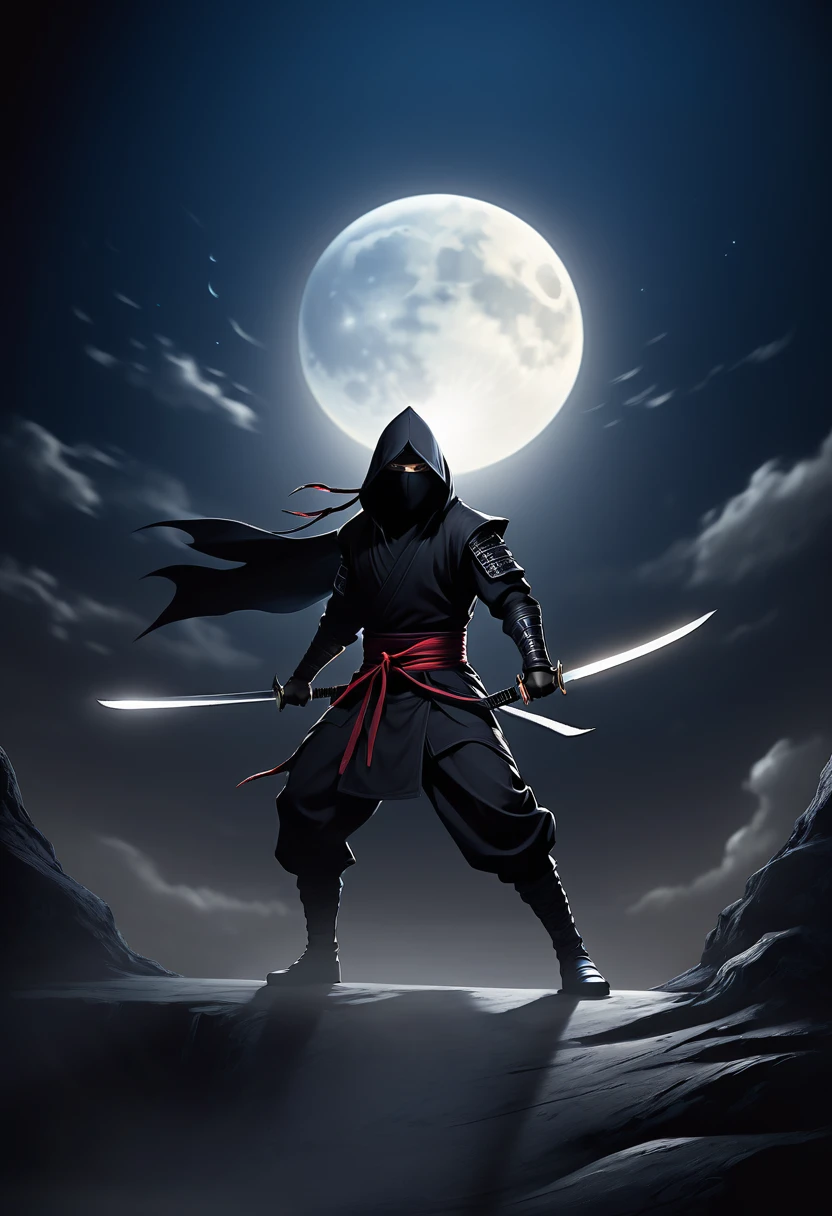  Anatomically correct background, huge night moon, darkness all around, only the back of the ninja visible, all black, ninja equipment, dynamically swinging his sword upwards(Complete long knife) Holding the bright long sword firmly and waving the shadow of the knife (The knife shadow gradually fades and blurs )Moonlight big moon gorgeous dark atmosphere light speed knife shadow speed blur flash very detailed, masterpiece, Official Art, Movie lighting effects highly detailed digital art，Fantasy Art Performance