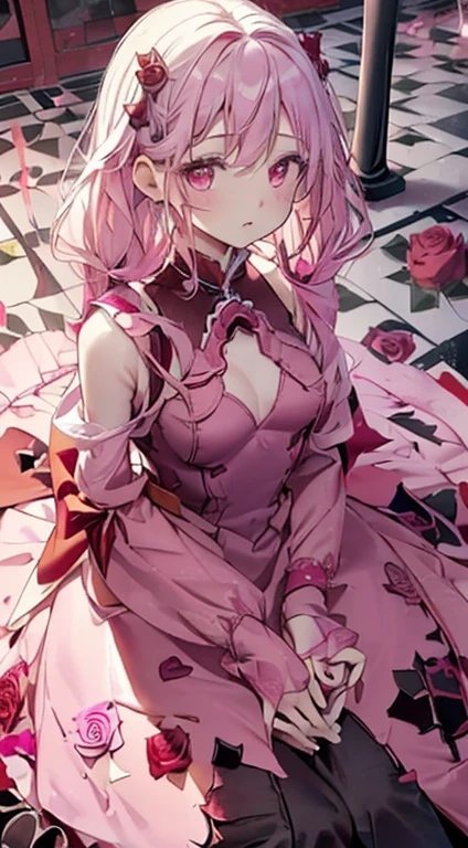 One Girl、rose dress、(Rosa、Ribbon 6:5)、cute、Scarlet Hair、Red eyes、Rosa、(Thorn:1.1),(Lots of roses:1.5),(Pink Roses:1.5),,(Chess board,Fantasy),((Pink Gothic Room:1.5)),((Pink tile floor,Tile floor:1.2)),(Decoration of sweets),(White and pink interior,sweets:1.3),Twin tails
