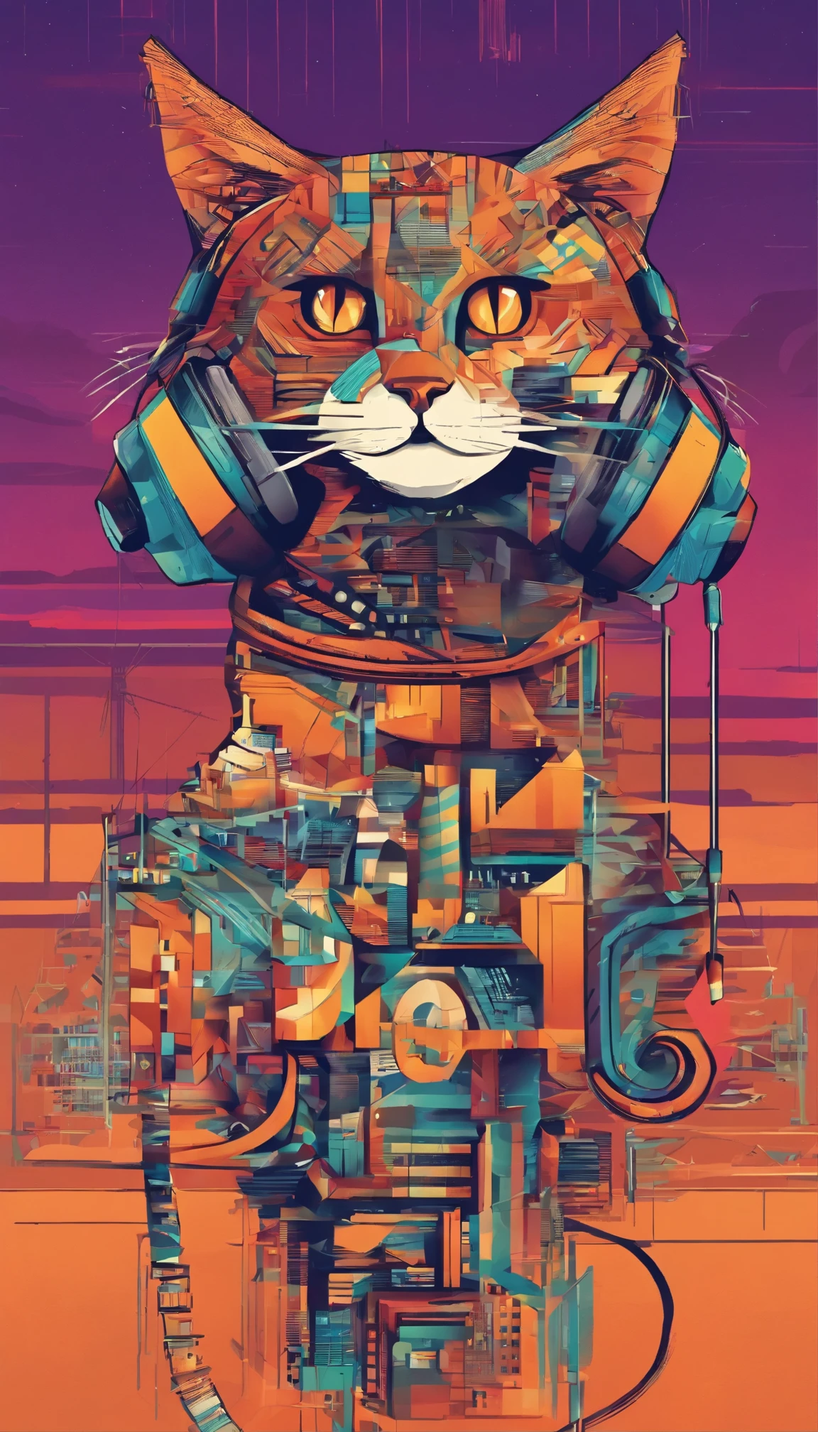 (nvinkpunk:1.2) (snthwve style:0.8) cat, anthro, lightwave, sunset, intricate, highly detailed, headphone on neck