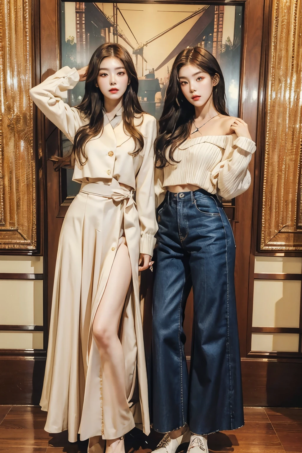 ((best quality)), ((masterpiece)), (detailed), (매우 detailed 얼굴 표현), perfect face, Multi color trending fashion in Korea, 2 women, twins, Madison Beer, without makeup, Profile picture, Use Instagram Filters, Subtle soft and dim light, perfect face, julia sardinian, perfect hands, Random Actions, (clothes:random color), Full-body view, fullbody, wall full of decorations, looking at the camera, korean beauty,
