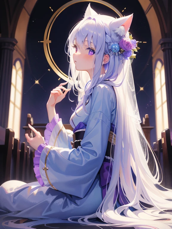 masterpiece, highest quality, 8k resolution, Sharp focus, Intricate details,Full body angle, Beauty, Sparkling eyes,Light purple eyes,Golden ratio face, watercolor, Whimsical, Sharp focus, High resolution, The finer details, ((Long sleeve)), Light blue kimono,Glossy white hair,braided hair,Cat Ears,Starry,Sitting,Shoot from above,Take away,Cool look,Calm,Above the Clouds,bright night sky,church,wedding style,profile,Emotional