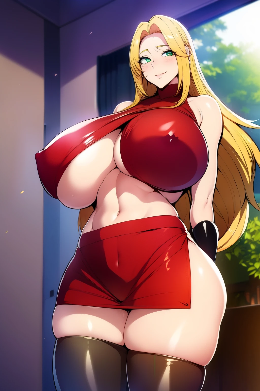 An anime-style artwork depicting Kousaka Shizuru from the game Honkai star rail.
Tags: Kousaka Shizuru, anime, detailed eyes, detailed lips, ass, bare shoulders, (blonde hair:1.4), crop top, turtleneck, cleavage, pencil skirt, miniskirt,curvy, thighs, higheels, shiny clothes, skin tight, cleavage, long hair, solo, huge breasts, (green eyes:1.1),, smiling expression, intense gaze, dynamic pose, indoor, palace, vibrant colors, digital art, high-resolution, professional quality, gigantic breasts, (underboob : 1.4), curvy, cowboy shot, (gigantic breasts: 1.4),