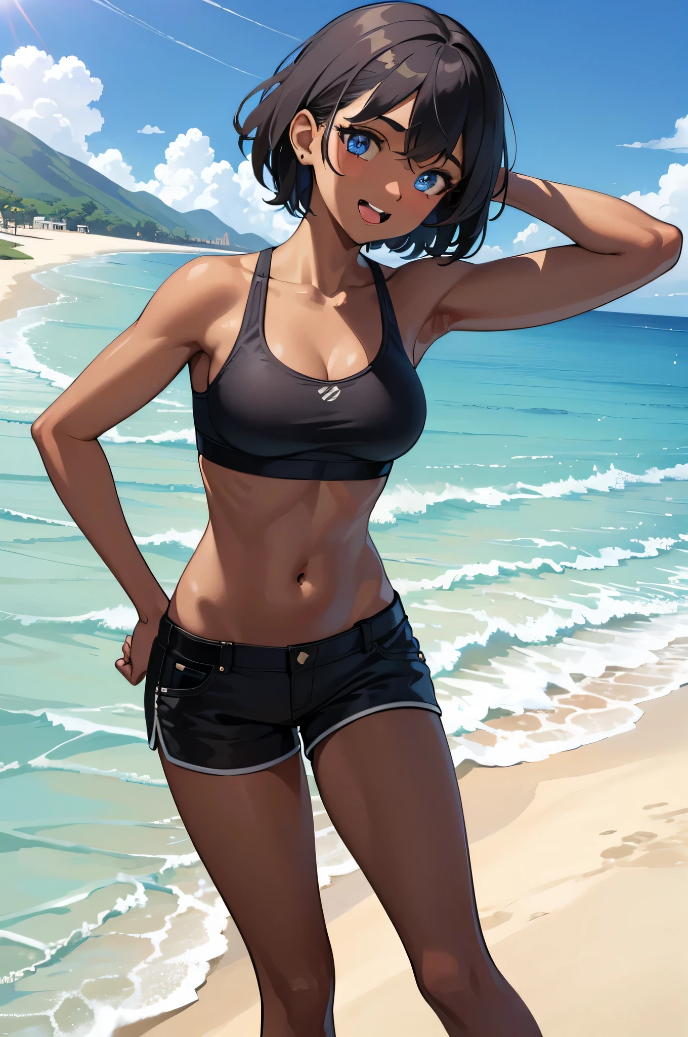 masterpiece, best quality, 1girl, ((solo)), ((medium breasts)), ((teenage girl)), (((dark-skinned female))), short hair, blue eyes, ((sports bra)), happy smile, ((open mouth)), ((black sunglasses over head)), ((casual black shorts)), (((walking))), cute, ((beach)), ((vivid colors)), beautiful detailed sunlight, detailed eyes, expressive eyes, perfect hands, highest quality, focused, ultra detailed, absurdres, ((detailed beach sand))