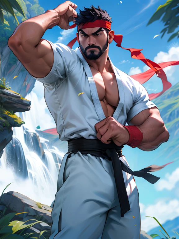(Obra maestra, mejor calidad:1.2), tiro de vaquero, solo, enfoque masculino, kungfu pose, , 1 chico, ryu \(sf\), mediana edad, grave, cara determinada, piel blanca, mirando al espectador, pelo negro, Barba negra gruesa, cara detallada, alto, pedazo, muscular, hombro ancho, great physics, cicatrices, vistiendo un gran Dougi blanco, nueva camisa blanca de Dougi, white Dougi pants, Diadema roja, guantes sin dedos, blue aura, flor de cerezo en el fondo, alto detallado