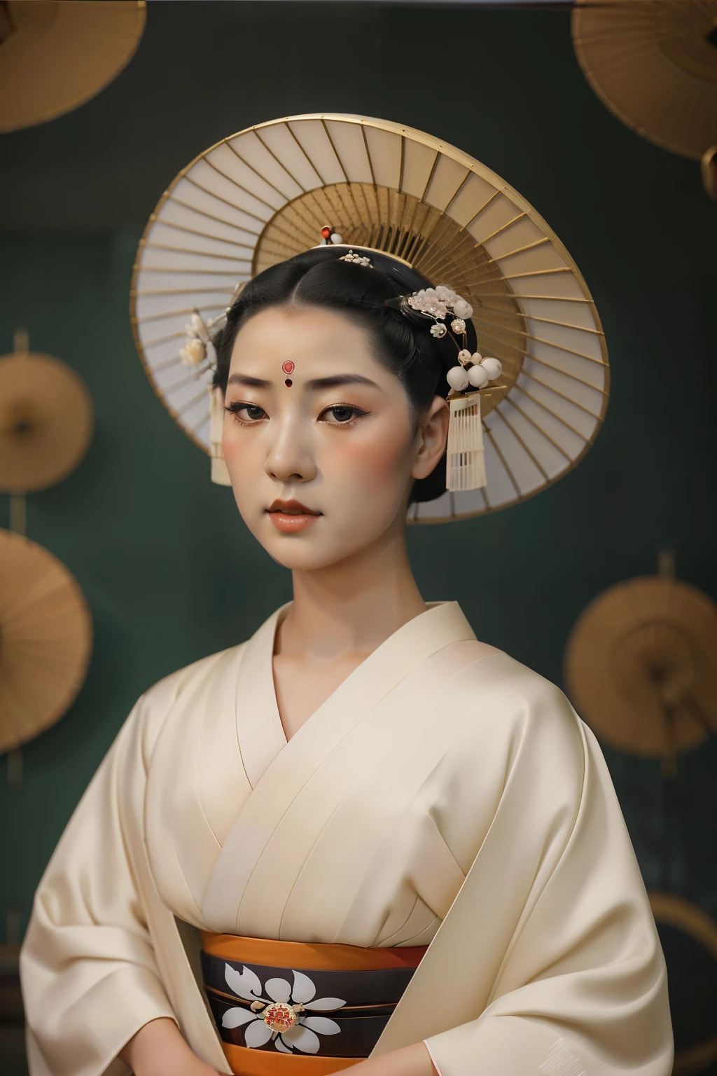 Kioto, 1938. A young ((((18-year-old)) Sayuri)), strikingly beautiful, delicate facial features, porcelain skin, expressive eyes, posing for a portrait, serene expression, ((artistic painting)), ((((geisha clothings from the 1930s)))), ((geisha hairstyle of the 1930s)), colorful
