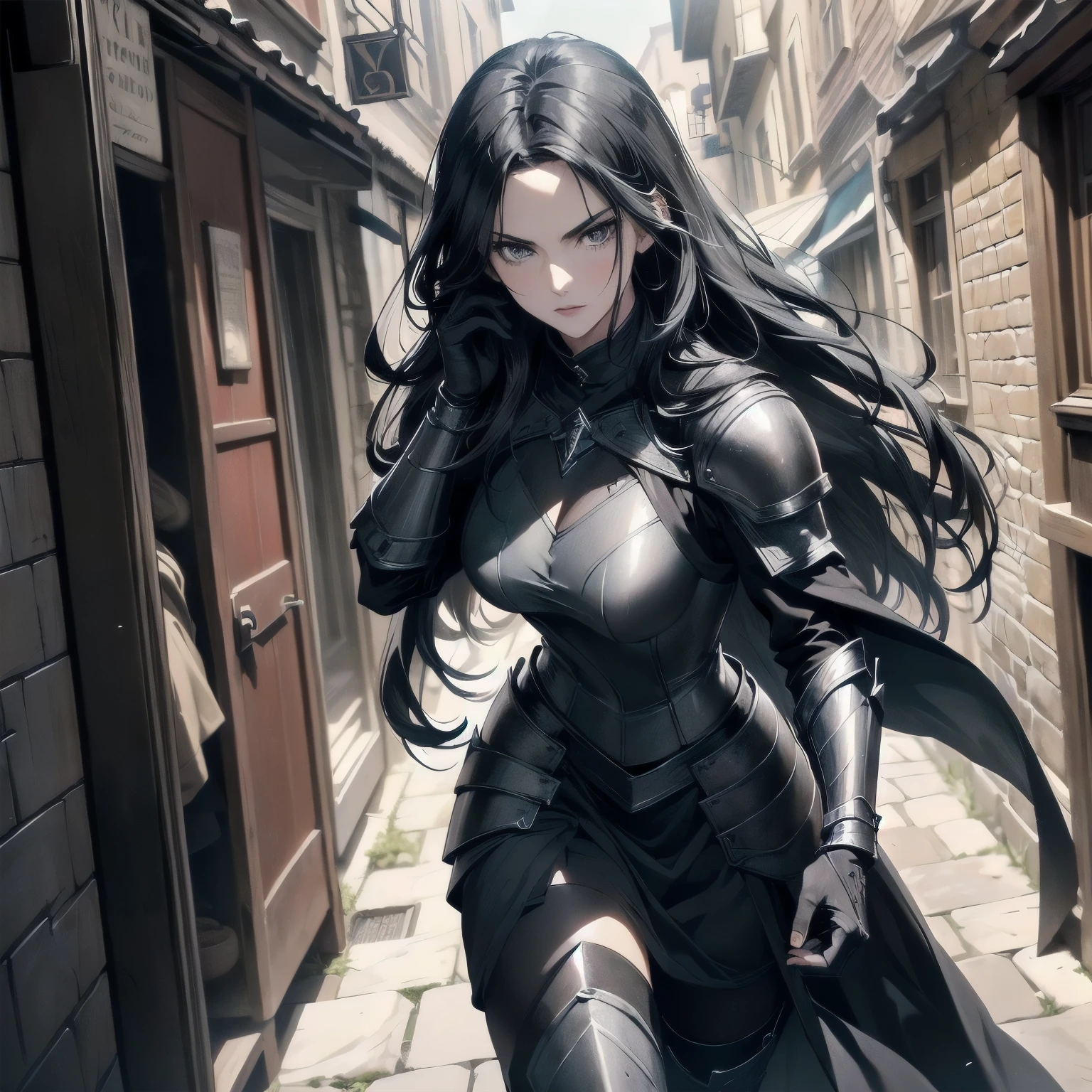 A beautiful adult woman medieval thief, 27 years old, 1.7m tall);
(Portrait from above);
((Charismatic:1.2, (atmosphere), coherent, continuity, epic light, (sharp focus:1.2), colorful:1.2, vivid colors);
(Medieval style, narrow alley, realistic scenario, underground city, passersby in the background);
Dynamic pose;
((Light black lether armor, gambeson));
Deep black eyes;
Long very straight black hair;
Assassin look, thin eyebrows, oval face, model female face, big eyes;
Very white skin, slim, fitness.