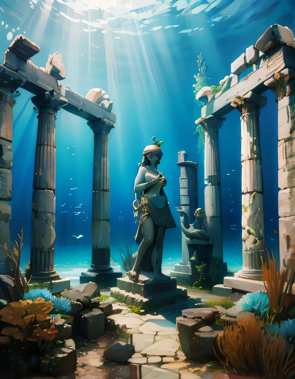 underwater greek temple entrance with athena statute, looks beautiful and aesthetic, incredibly elegant, sunlight penetrates sea, awesome, legendary landscape, (masterpiece, high quality), best resolution, detailed, realistic, HD, 8k