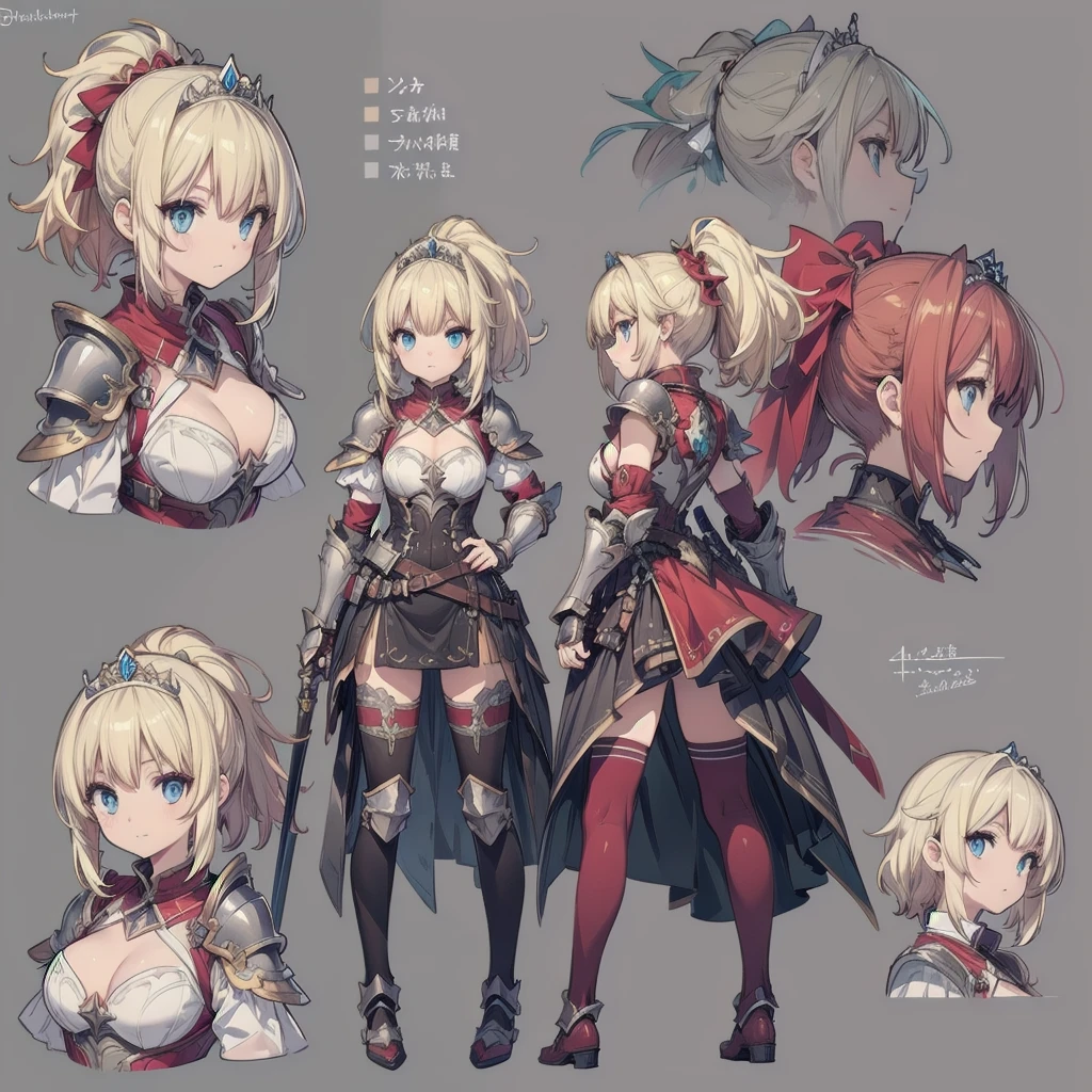 ((three-sided view, front view, side view, back view, multiple views, multiple poses and expressions, many parts)), concept art, character concept art, character sheet, Full body, illustration, (simple background, gray background), 1 character, 1girl, fantasy art, a female knight in metal armor, red_outfit, white_armor,cropped shoulders armor, plate armor, armor dress,gauntlets, Blonde hair,high ponytail,Blue eyes,ruby tiara,cleavage, thighs, thighhighs, weapon
