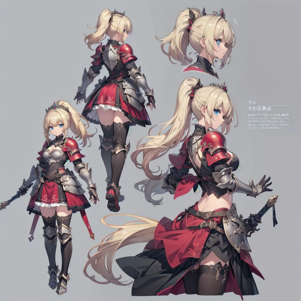 ((three-sided view, front view, side view, back view, multiple views, multiple poses and expressions, many parts)), concept art, character concept art, character sheet, Full body, illustration, (simple background, gray background), 1 character, 1girl, fantasy art, a female knight in metal armor, red_outfit, white_armor,cropped shoulders armor, plate armor, armor dress,gauntlets, Blonde hair,high ponytail,Blue eyes,ruby tiara,cleavage, thighs, thighhighs, weapon