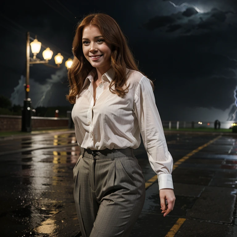 Amy Adams in thunderstorm weather wearing blouse and pants marking her thong and smiling