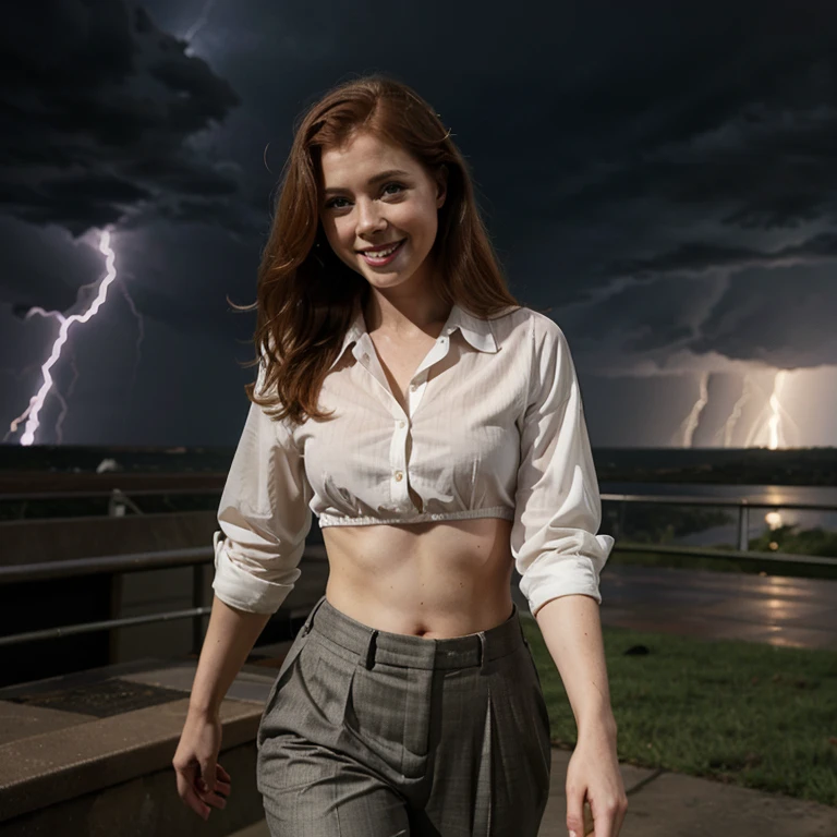 Amy Adams in thunderstorm weather wearing blouse and pants marking her thong and smiling