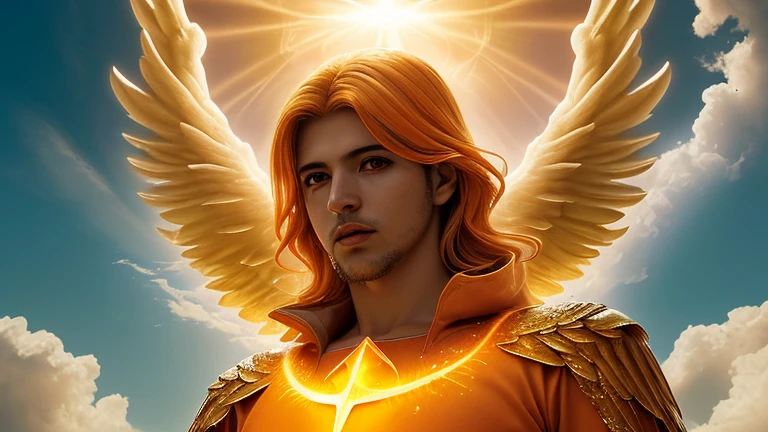 A portrait of Archangel Uriel, hombre, cuerpo completo, cielo, nubes, atardecer, aura sagrada naranja y dorada, cinematographic, luz realista
