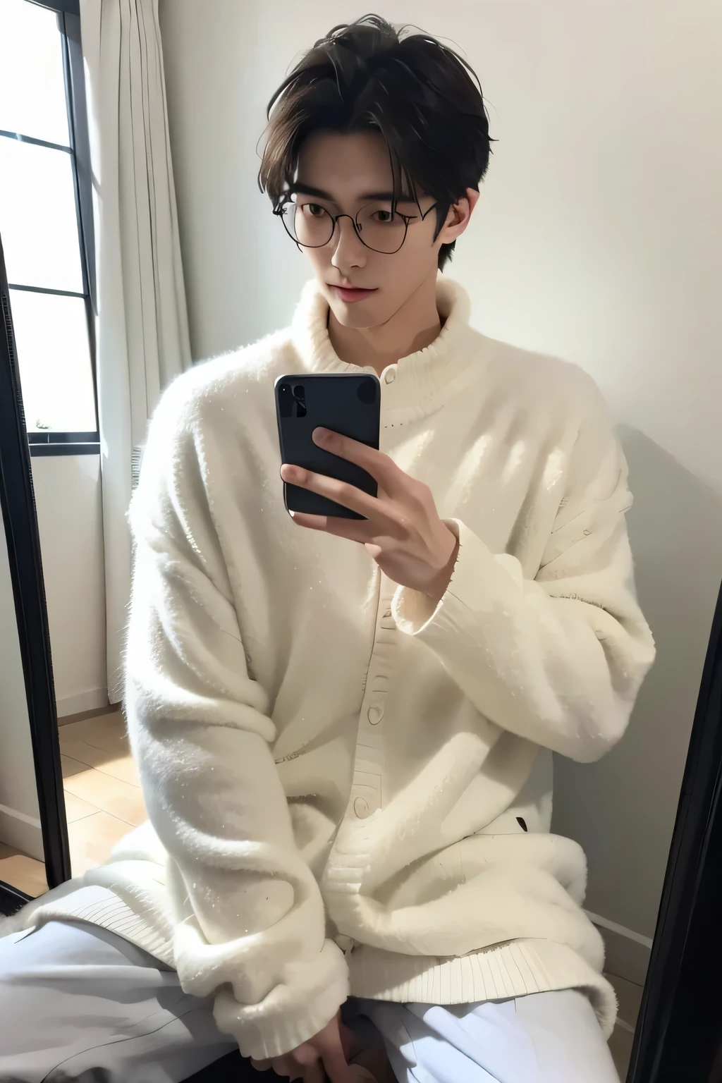 (masterpiece, best quality), MALE, extremely realistic, handsome japanese young guy, artistic vibe, pale white skin, handsome young guy, oversize black clothes, black sweater, black short hair, fluffy hair, perfect face, beautiful face, alluring, big gorgeous eyes, (indoor), room, dark chill blue light room color, infront of the mirror, holding a phone, mirror selfie, natural pose, fluffy hair, smooth white skin, transparent glasses, normal fingers, 5 fingers
