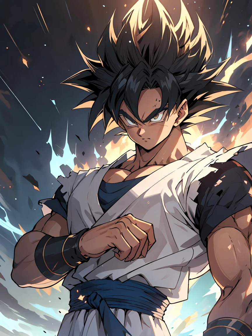 quadratic element,style of shonen animado artwork,Son Goku ,Las proporciones son correctas.,Detalles de la cara,Muy detallado eyes,peinado,Detalles del cuello,detalles de ropa,Preparing to fight,mangas cortas,Calidad del juego,Seguimiento de luces y sombras,Trazado de rayos,brillo detallado,renderizado cg,detalle del cabello,elegante,elegante,(sentido juvenil),La ropa es complicada, perfect composition,Refinamiento,alta calidad,higher details,muchos detalles, Cosmose en el fondo, El trasfondo es complejo, a feeling of atmosphere, feliz looking, ((animado))((vistoso)), 8k, ((Obra maestra)), hdr, Muy detallado, vano saliendo, profesional,palo de nube,goku,Super Saiyan, Obras de arte de cuerpo completo, en el espacio, (feliz), (pelo negro:1.2)