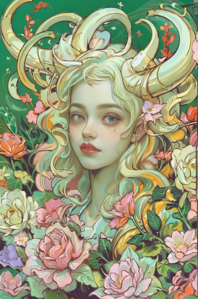 Designed by nty, A woman is, Professional t-shirt design vector,Tokar, 8K, hyper HD, Albino demon girl standing, colorful clothes, shot from far away, (largeeyes, Eyes are delicate and beautiful, Beautiful and delicate face, Details on the face), ( Green curls:1.3) , pink rose bush, winking ,(long and complex horns:1.2) Sneakers with socks, white backgrounid, Complicated details, coloured background, Abstract Task completed20%