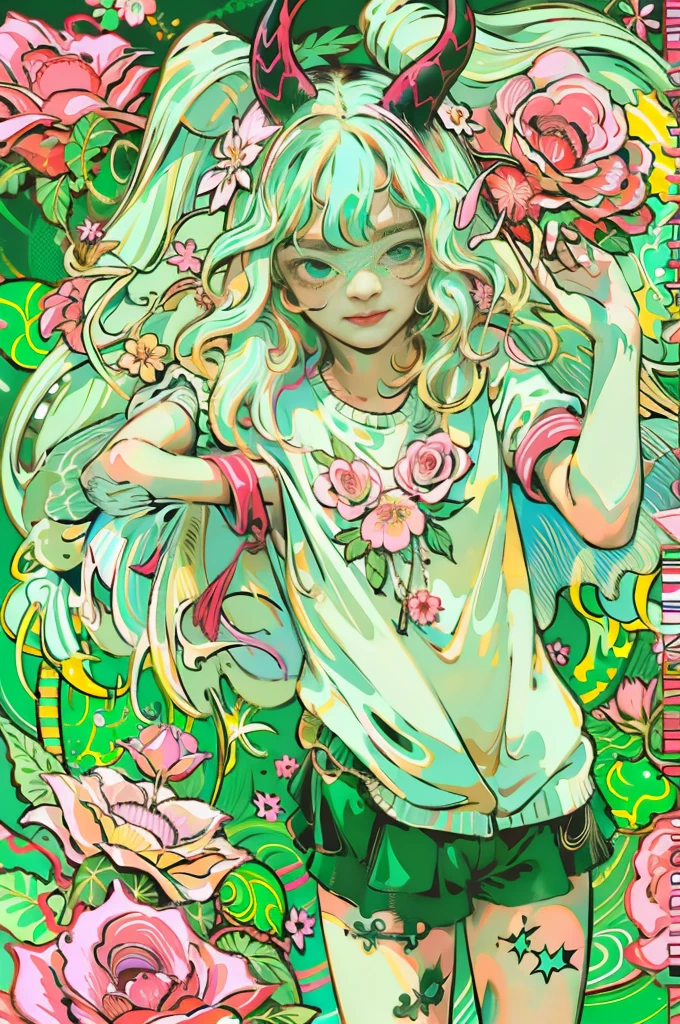 Designed by nty, A woman is, Professional t-shirt design vector,Tokar, 8K, hyper HD, Albino demon girl standing, colorful clothes, shot from far away, (largeeyes, Eyes are delicate and beautiful, Beautiful and delicate face, Details on the face), ( Green curls:1.3) , pink rose bush, winking ,(long and complex horns:1.2) Sneakers with socks, white backgrounid, Complicated details, coloured background, Abstract Task completed20% 
