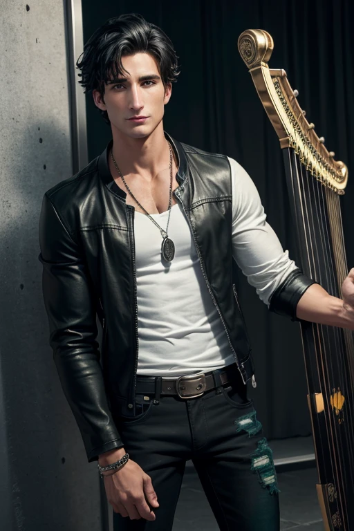 Matthew del Negro 20 year old boy with open black jacket blue t-shirt with snow print short black hair punk style yellow locks black jeans green eyes black leather belt silver buckle muscular build slim cross medallion silver bracelet looking straight at viewer holding a harp