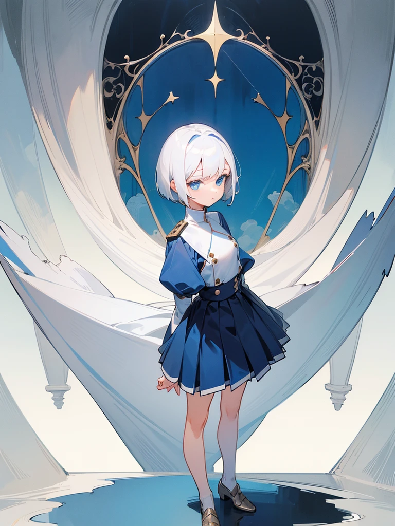 1girl, full body, white hair, short hair, blue eyes, flat chest, gallant expression, white uniform, blue linings, pleated skirt, masterpiece, beautiful face, detailed eyes, clean fingers, plain room, standing upright, medieval hotel room, detailed background