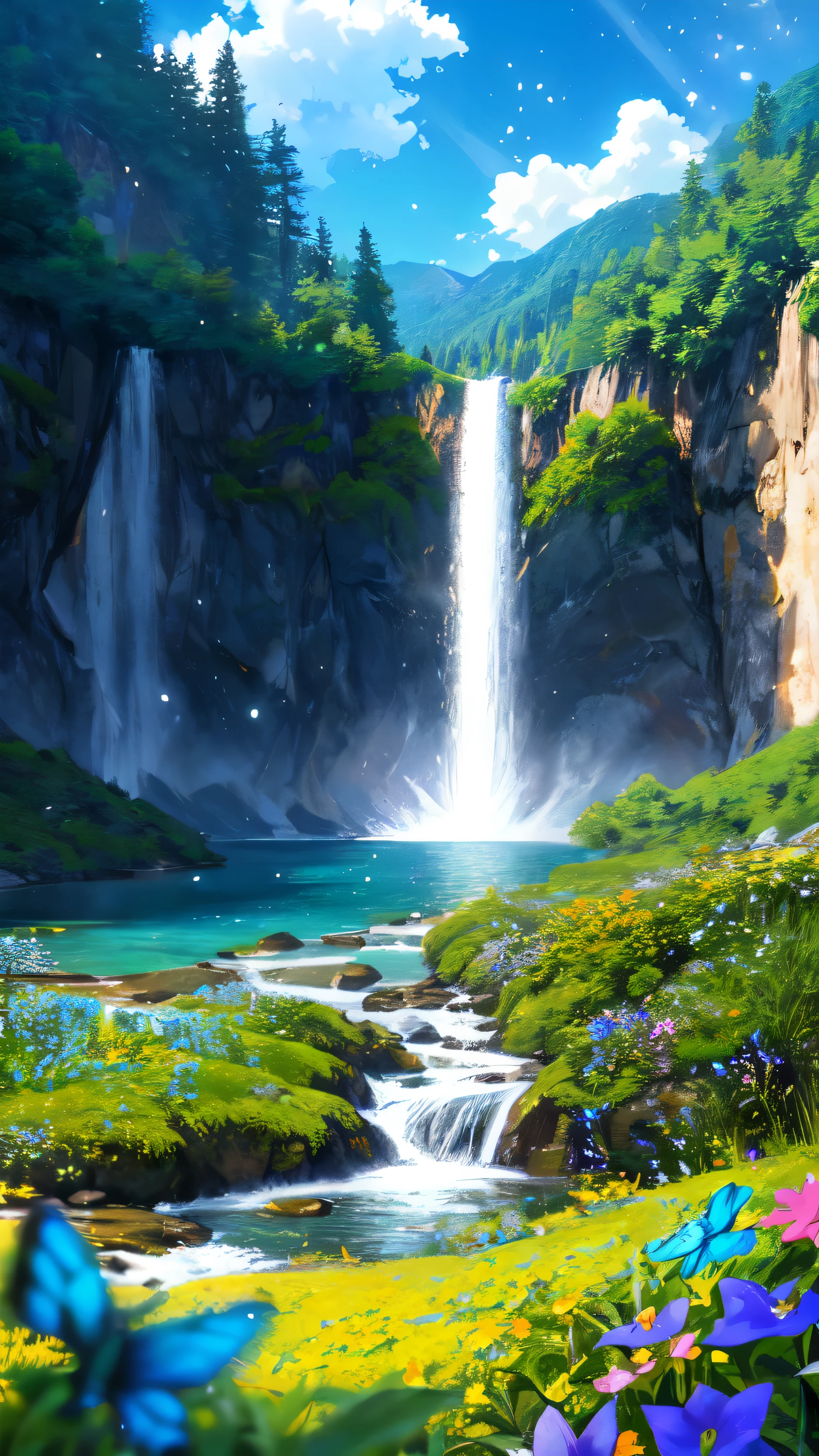 anime inspired greenery alps with bright blue sky and bright sun with waterfalls(glowing fireflies and butterfiles )(greenery view)(bright blue shinning sky)(night view)(borkeh effect)(far angle view)