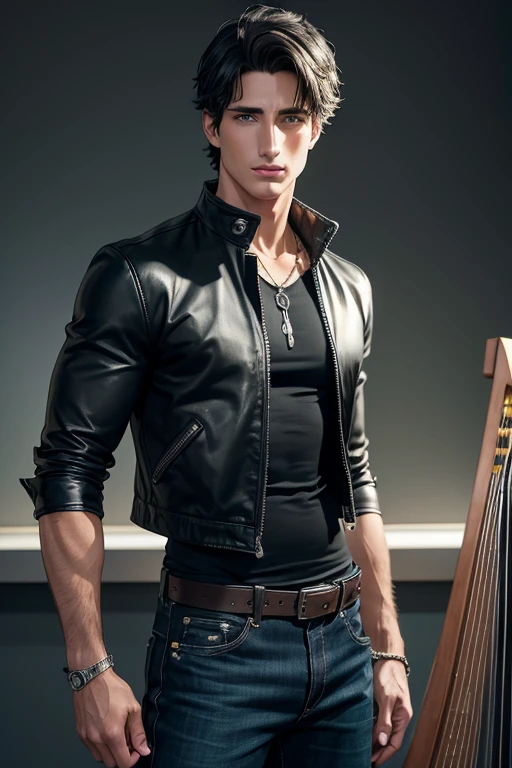 Matthew del Negro 20 year old boy with open black jacket blue t-shirt with snow print short black hair punk style yellow locks black jeans green eyes black leather belt silver buckle muscular build slim cross medallion silver bracelet looking straight at viewer holding a harp