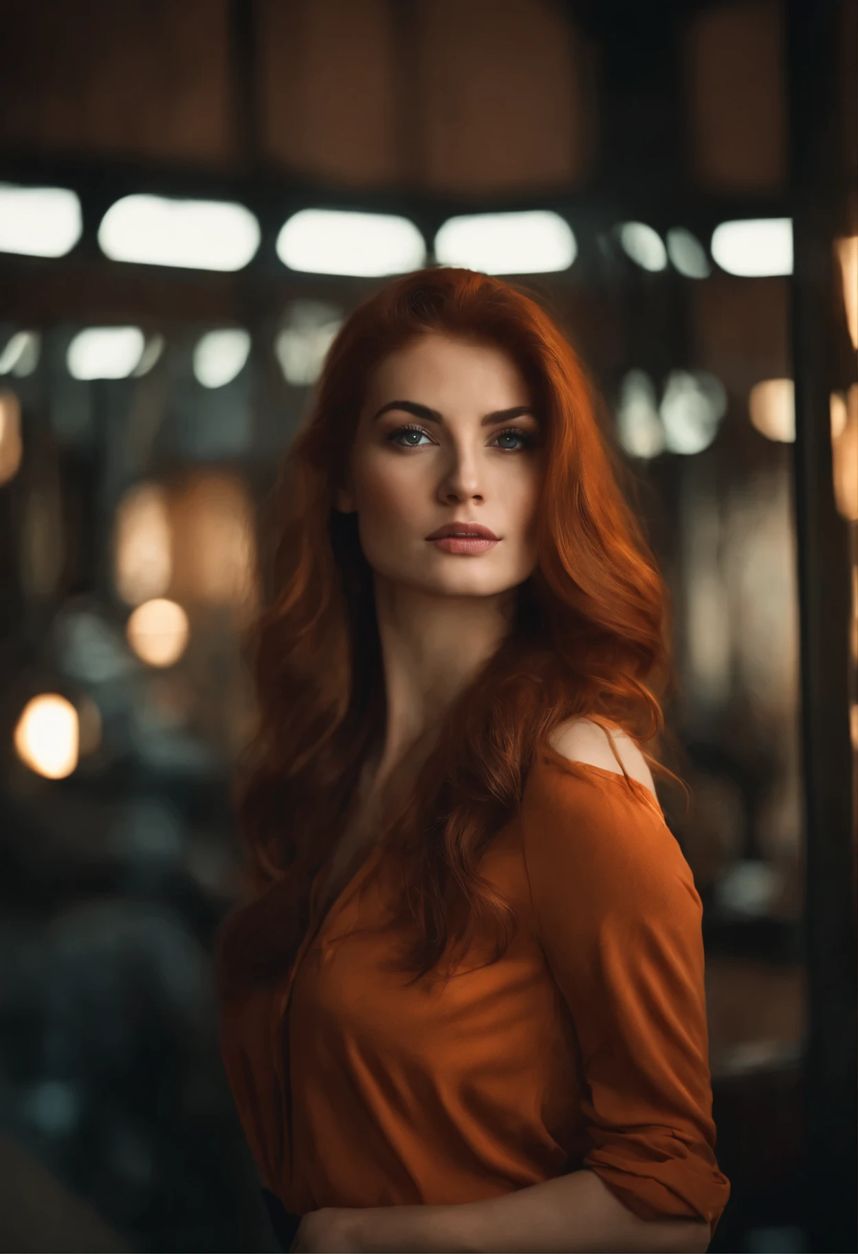 profesional, (foto 4k:1.1) por (Jeremy Lipking:0.3), (Anna Dittman:0.3), (marca ariana:0.3), (sharp focus:1.3), Alto detalle, agotador (camisa apretada:1.2), hermoso rostro detallado, An attractive woman with long red hair looks at the camera, resembling actress Katherine McNamara., Panasonic Lumix S Pro 50mm F/1.4, Anne Stokes, salpicadura de color, naranja oscuro y esmeralda oscuro, ferrania p30, foto realista, (mujer joven atractiva:1.3), (Seductor:1.1), (rubor:1.1), forma del cuerpo con curvas, pechos grandes y redondos, Caderas anchas, en la ciudad de fondo, tomando selfie, agotador jumper