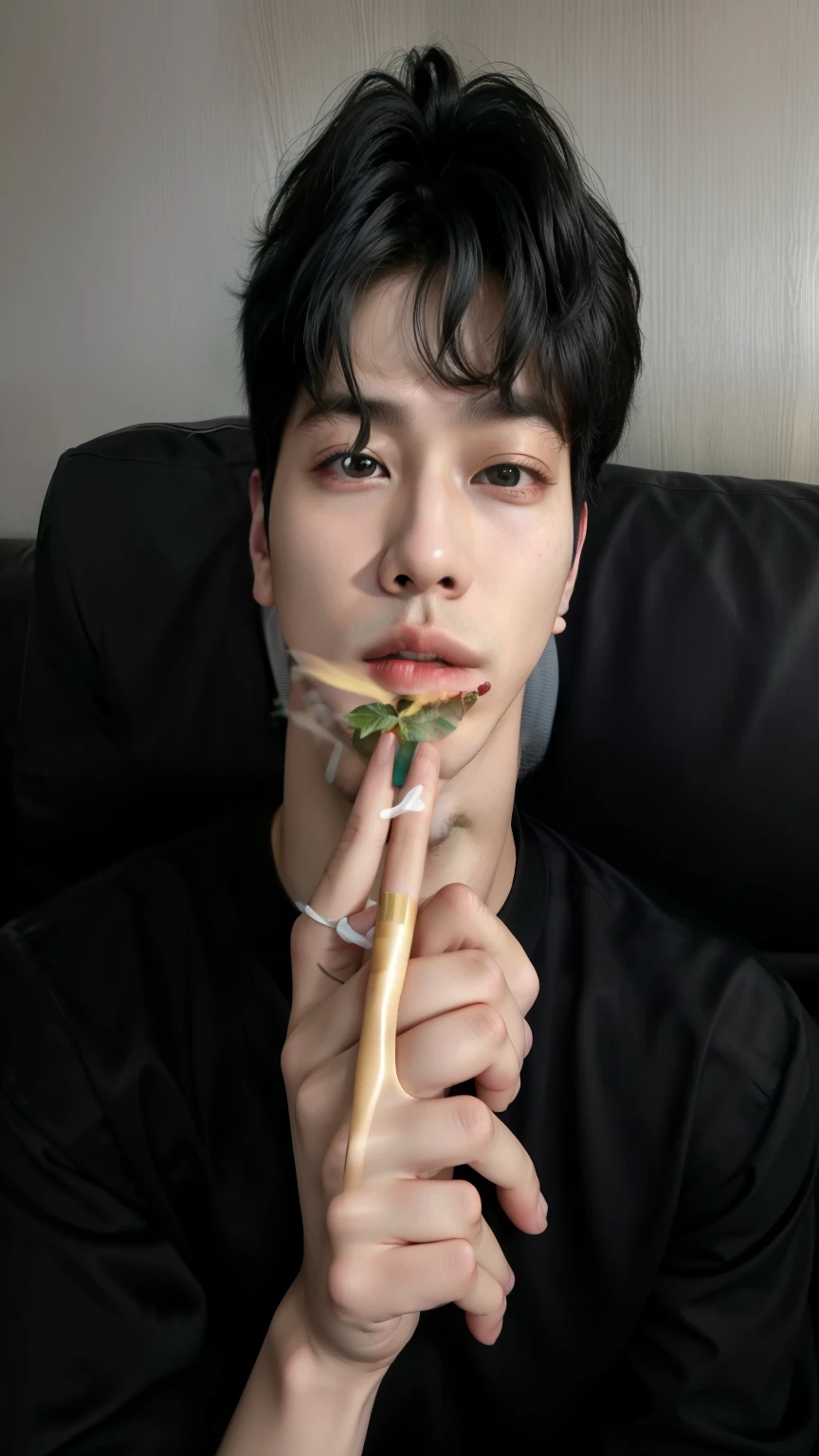 Arafed man in black shirt sitting on a sofa with his hand on his chin, Kim Doyoung, Jimin\his right eyelid is swollen, Jimin\los labios carnosos, accurate Jimin face, Jung Jaehyun, Hong June Hyung, kim taejin, pale korean adorable face, Jimin\'s grecian nose, pintar ulzzang, hyung tae
