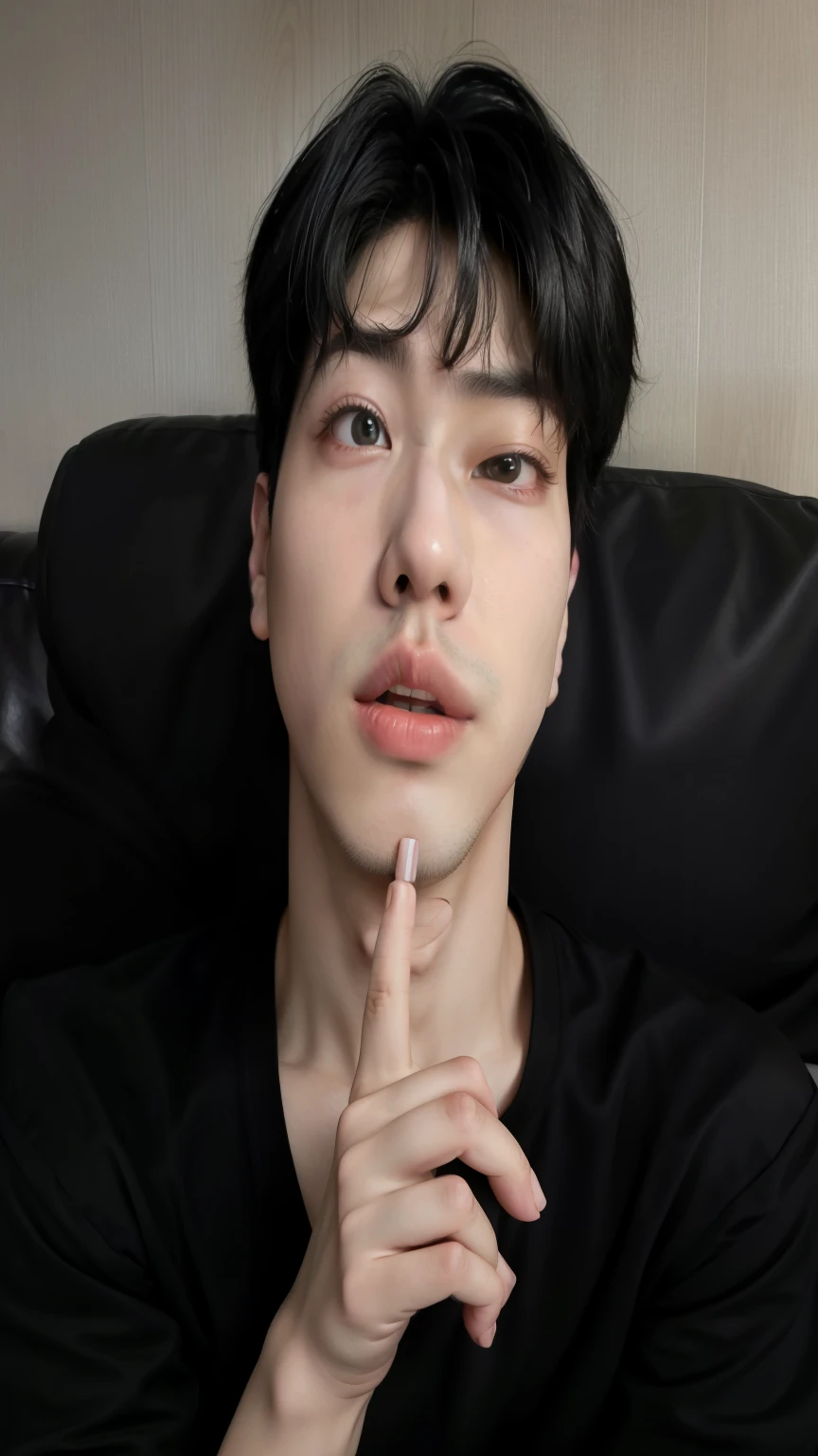 Arafed man in black shirt sitting on a sofa with his hand on his chin, Kim Doyoung, Jimin\his right eyelid is swollen, Jimin\los labios carnosos, accurate Jimin face, Jung Jaehyun, Hong June Hyung, kim taejin, pale korean adorable face, Jimin\'s grecian nose, pintar ulzzang, hyung tae