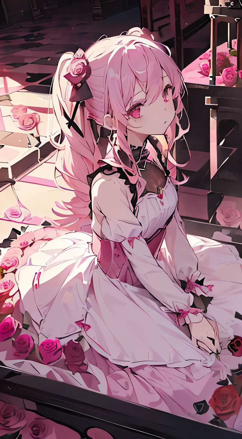 One Girl、rose dress、(Rosa、Ribbon 6:5)、cute、Scarlet Hair、Red eyes、Rosa、(Thorn:1.1),(Lots of roses:1.5),(Pink Roses:1.5),,(Chess board,Fantasy),((Pink Gothic Room:1.5)),((Pink tile floor,Tile floor:1.2)),(Decoration of sweets),(White and pink interior,sweets:1.3),Twin tails