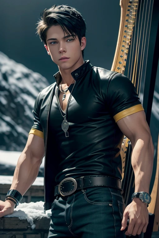 Mason Dye 20 year old boy with open black jacket blue t-shirt with snow print short black hair punk style yellow locks black jeans green eyes black leather belt silver buckle muscular build slim cross medallion silver bracelet looking straight at viewer holding a harp