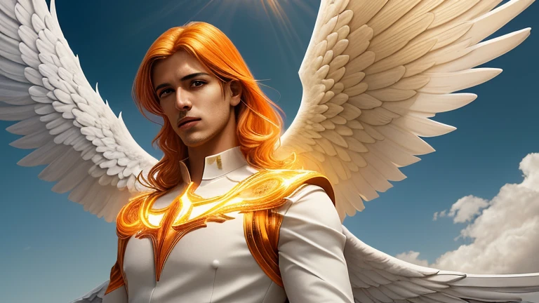 A portrait of Archangel Uriel, hombre adulto, cuerpo completo, cielo, nubes, atardecer, aura sagrada naranja y dorada, cinematographic, luz realista, alas en su espalda grandes y detalladas, rostro hermoso y realista