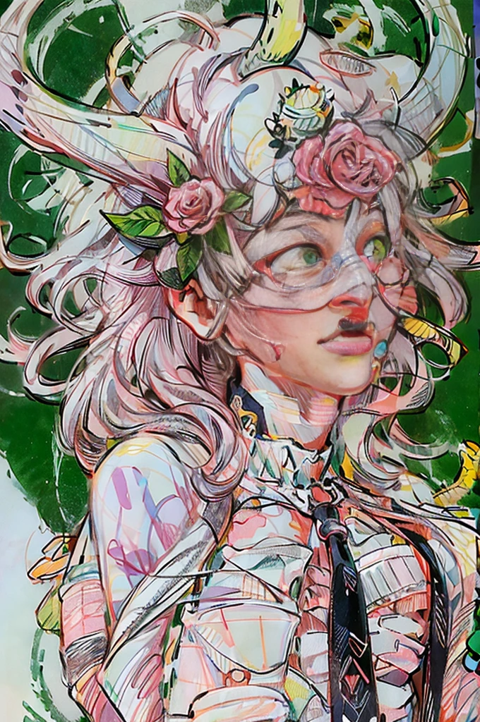Designed by nty, A woman is, Professional t-shirt design vector,Tokar, 8K, hyper HD, Albino demon girl standing, colorful clothes, shot from far away, (largeeyes, Eyes are delicate and beautiful, Beautiful and delicate face, Details on the face), ( Green curls:1.3) , pink rose bush, winking ,(long and complex horns:1.2) Sneakers with socks, white backgrounid, Complicated details, coloured background, Abstract Task completed20%