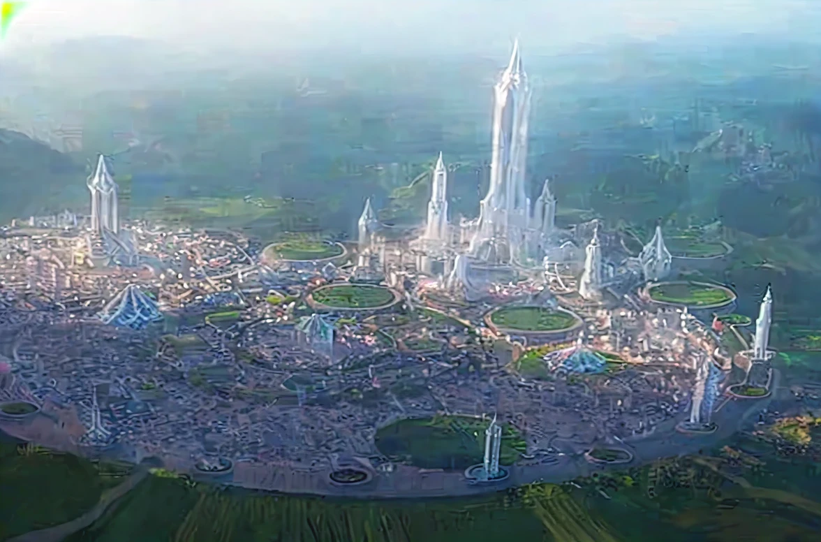 ciudad de arafed en medio de un gran campo abierto, ciudad valhalla grande y estructurada, Ancient Sci-Fi City, Elven City, enorme ciudad templo futurista, an ciudad extraterrestre, fantasy capital city, in a science fiction and fantasy city, otra ciudad futurista, Hermosa ciudad del futuro., ciudad de fantasiascape, ciudad de fantasia, ciudad extraterrestre, futuristic utopian city