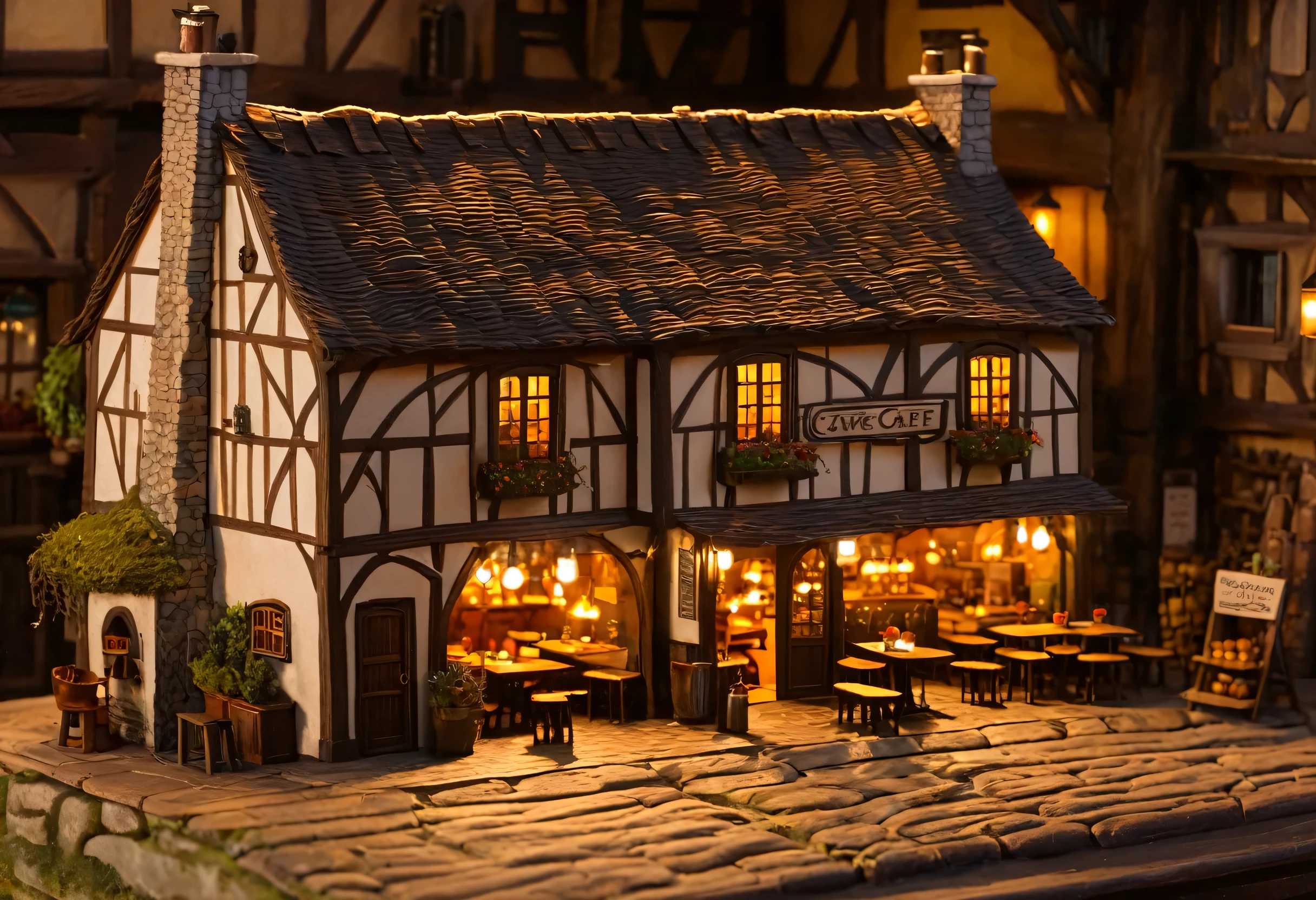 a close up of a miniature house with a full sun in the background, a multidimensional cozy tavern, dimly-lit cozy tavern, miniature cafe diorama, dimly lit cozy tavern, fantasy tavern background, medieval tavern, beautiful detailed miniature, fantasy bakery, cozy cafe background, taverns daytime lifestyle, high detailed store, cosy enchanted scene, tavern background
