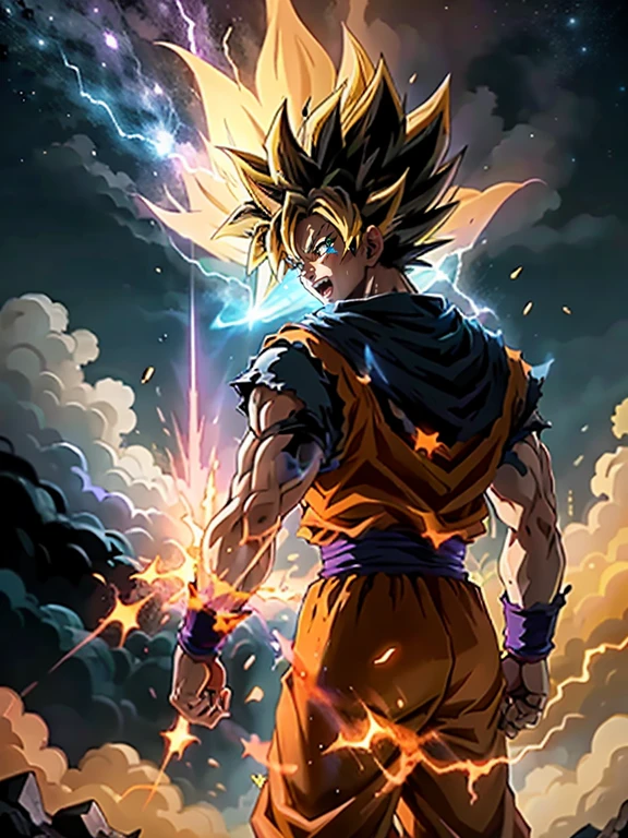 Super Saiyan Goku se encuentra en el espacio,Huge waves of energy are released,Hay estrellas por todas partes,The sky is a mixture of orange and purple tones。The energy wave is bright blue,There are electric sparks around。(anime pecho grande:1.2)、(dramatic lighting:1.1)、(colores brillantes:1.3)、(sombreado de celdas:1.1)、(dynamic compositions:1.2),ojos verdes