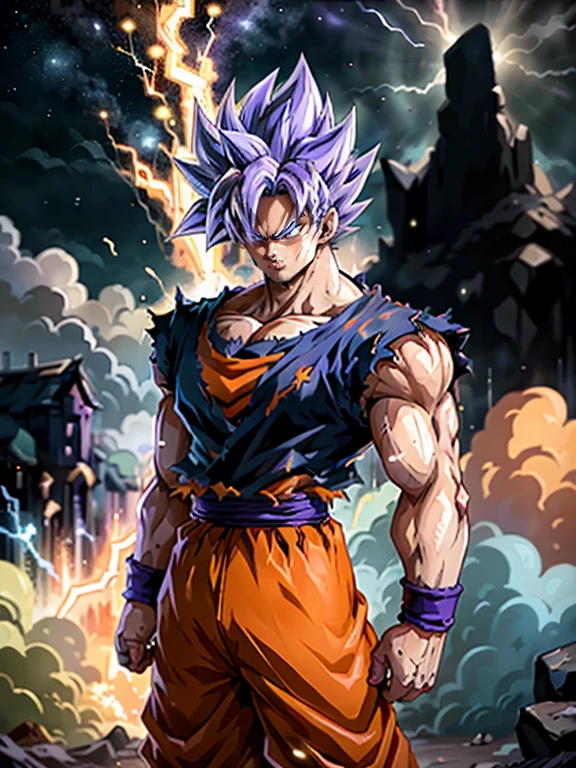 Super Saiyan Goku se encuentra en el espacio,Huge waves of energy are released,Hay estrellas por todas partes,The sky is a mixture of orange and purple tones。The energy wave is bright blue,There are electric sparks around。(anime pecho grande:1.2)、(dramatic lighting:1.1)、(colores brillantes:1.3)、(sombreado de celdas:1.1)、(dynamic compositions:1.2),ojos verdes