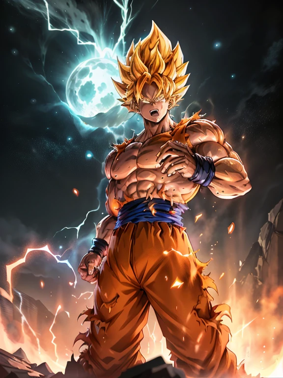 1male, solo, The Super Ice Saiyan unleashes enormous energy waves that shatter the starry sky and generate enormous shock waves... Standing on the ice dragon, el fondo es el universo de meteoritos de tormenta. The energy waves are a mix of orange hues with swirling patterns.. (magia de hielo: 1.2), (epic: 1.3), (Ingredientes del caos: 1.2), (Metal: 1.1), (naranja oscuro: 1.1), (comic book: 1.2), ((3D)), (((Actual))),