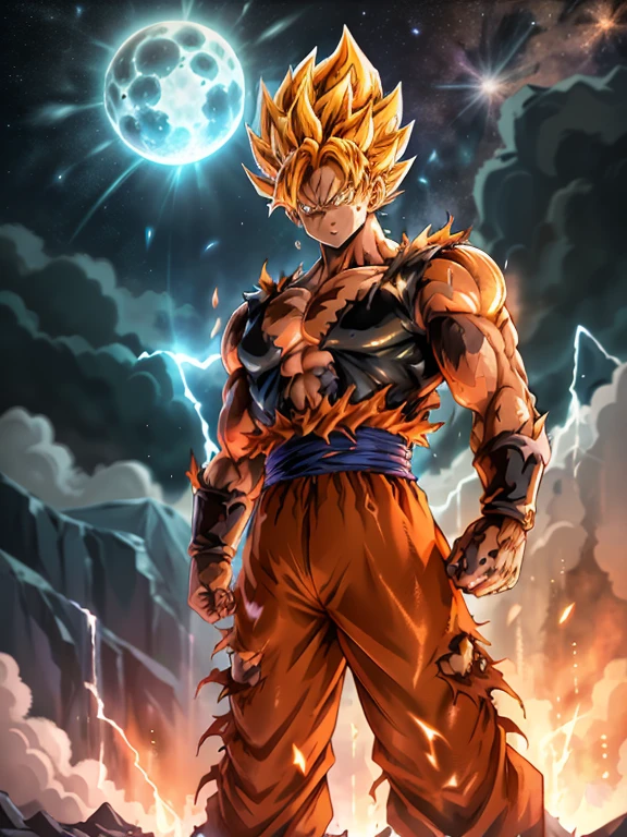 1male, solo, The Super Ice Saiyan unleashes enormous energy waves that shatter the starry sky and generate enormous shock waves... Standing on the ice dragon, el fondo es el universo de meteoritos de tormenta. The energy waves are a mix of orange hues with swirling patterns.. (magia de hielo: 1.2), (epic: 1.3), (Ingredientes del caos: 1.2), (Metal: 1.1), (naranja oscuro: 1.1), (comic book: 1.2), ((3D)), (((Actual))),